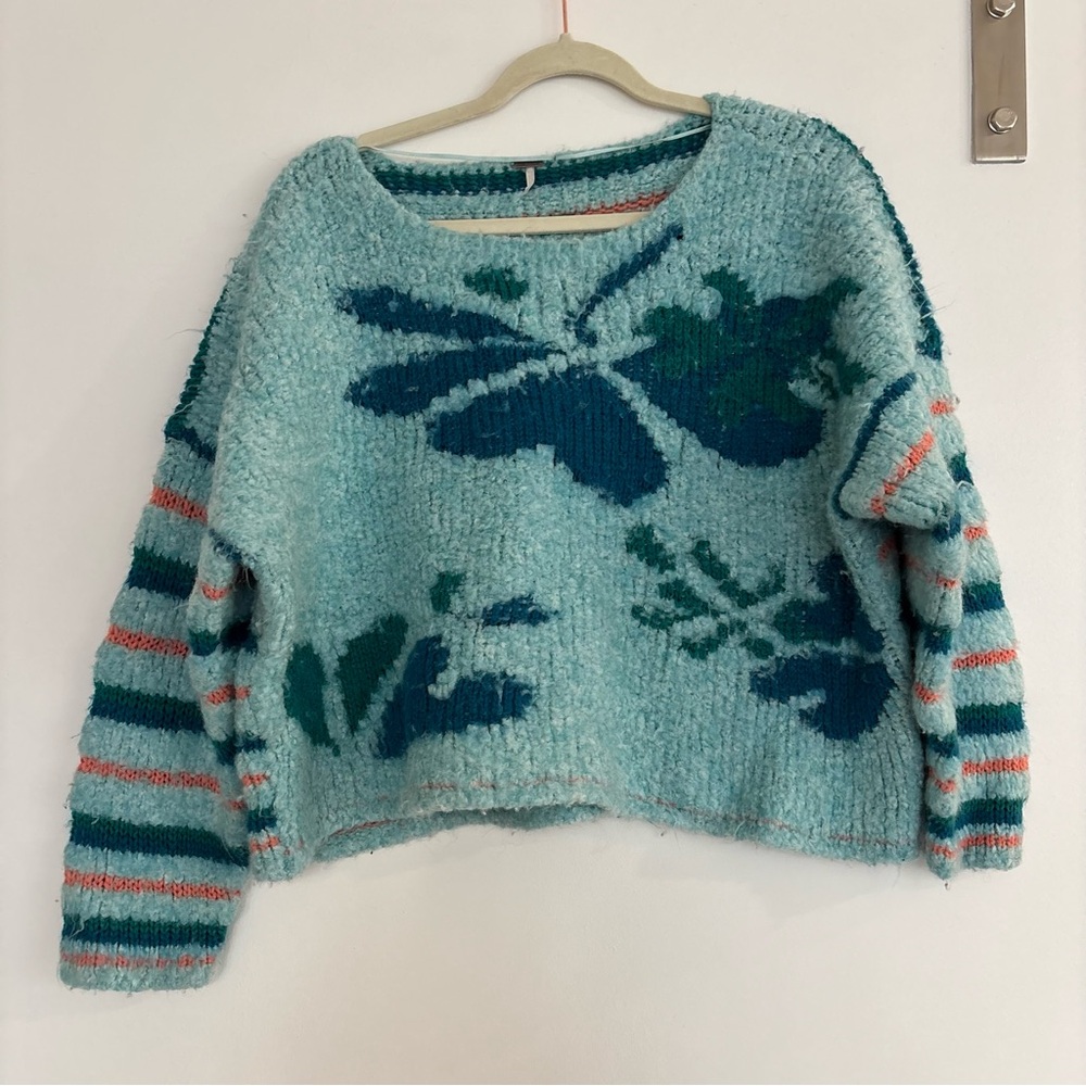 Free People Teal and Navy Floral Sweater - Picture 4 of 5